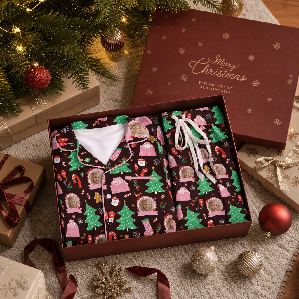 Custom face photo cozy winter kid Christmas pajamas view 4