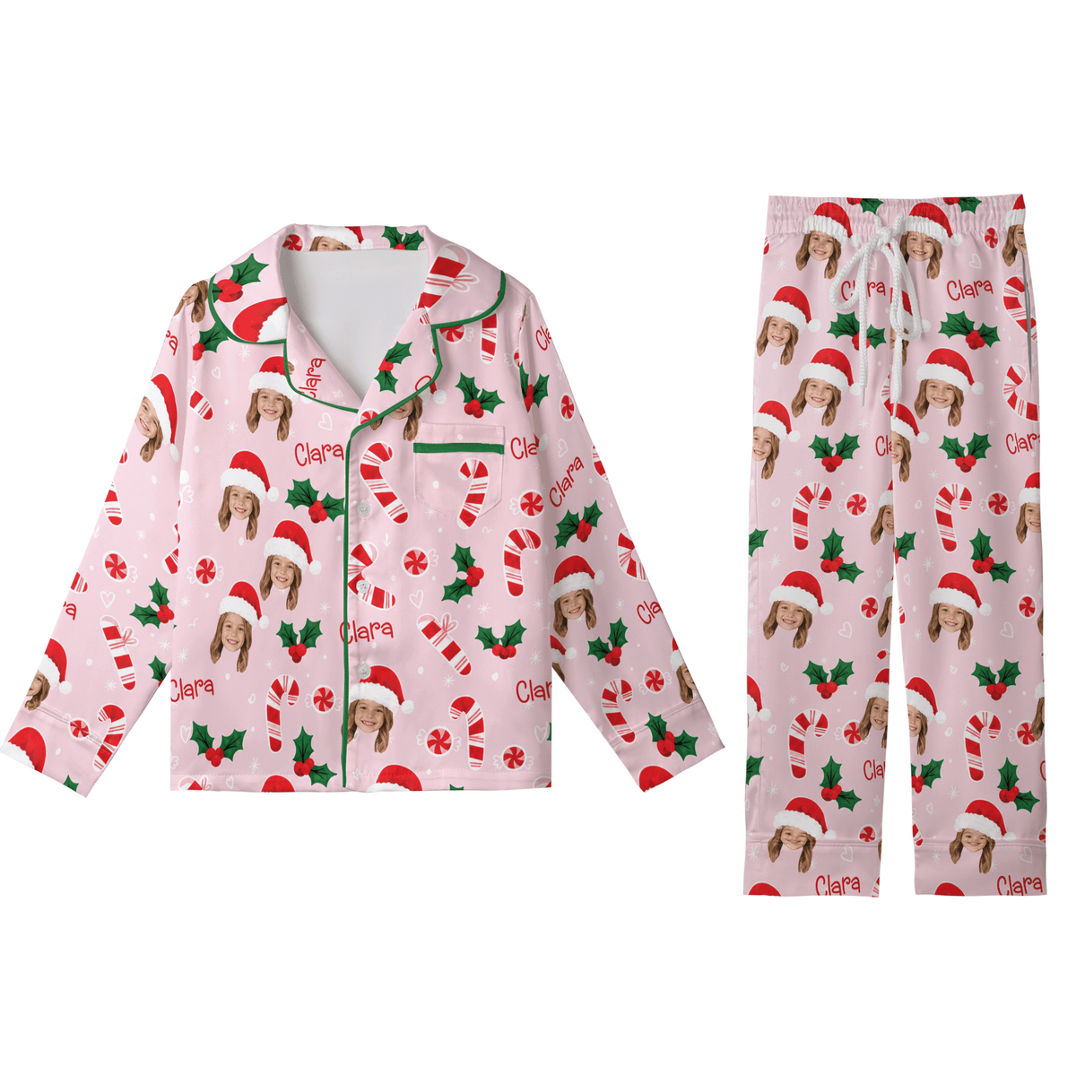 Custom face photo and name candy cane holly kid Christmas pajamas set with button up top and pants