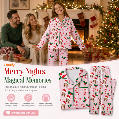 Custom face photo and name candy cane kid Christmas pajamas view 2