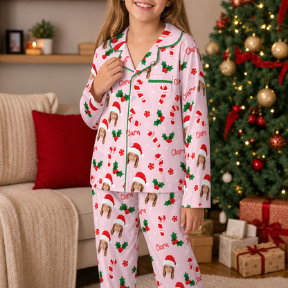 Custom face photo and name candy cane kid Christmas pajamas view 3