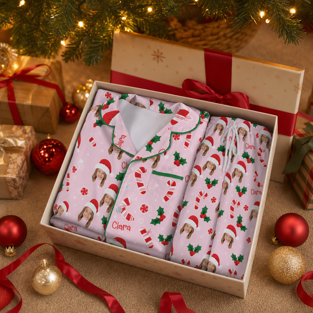 Custom face photo and name candy cane kid Christmas pajamas view 4