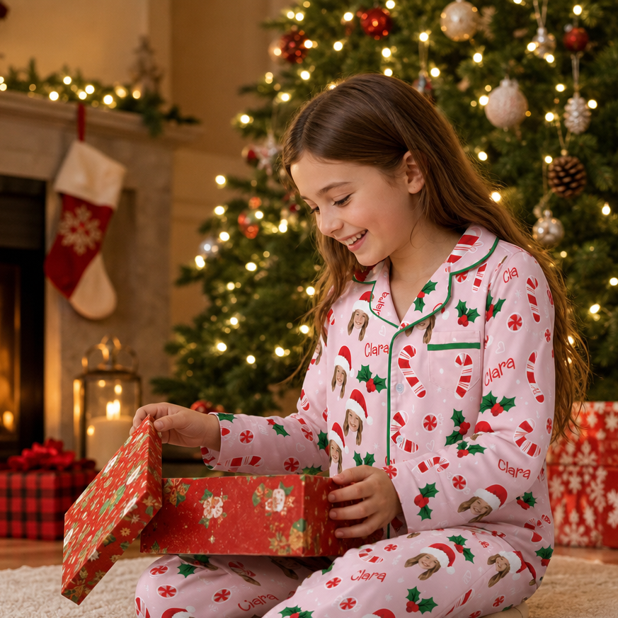 Custom face photo and name candy cane kid Christmas pajamas view 7