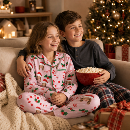 Custom face photo and name candy cane kid Christmas pajamas view 8