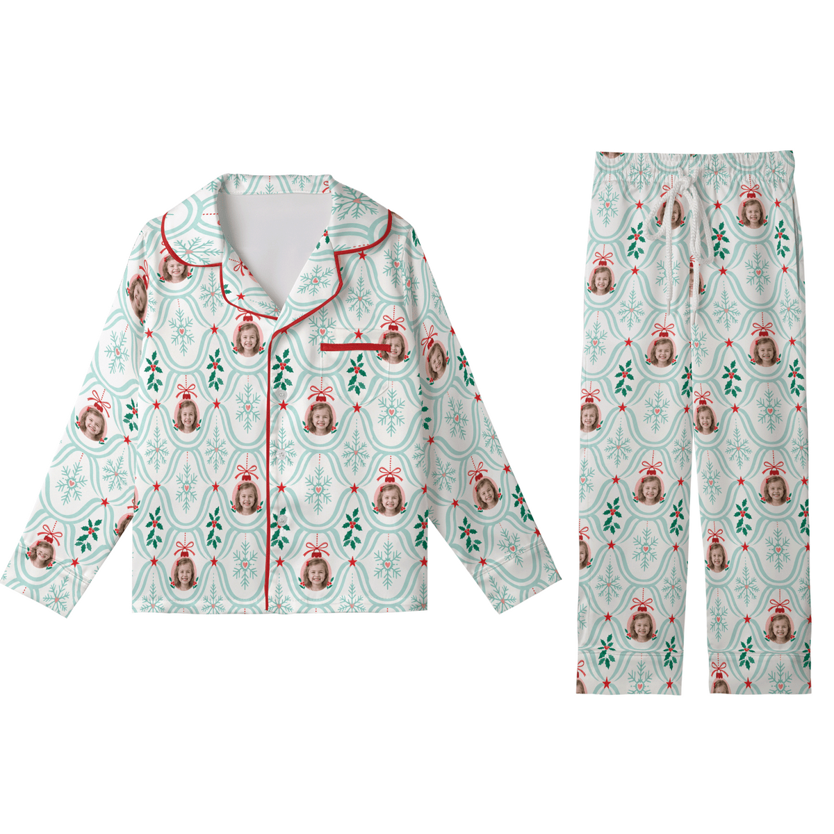 Custom face photo snowflake ornament kid Christmas pajamas set with button up top and pants