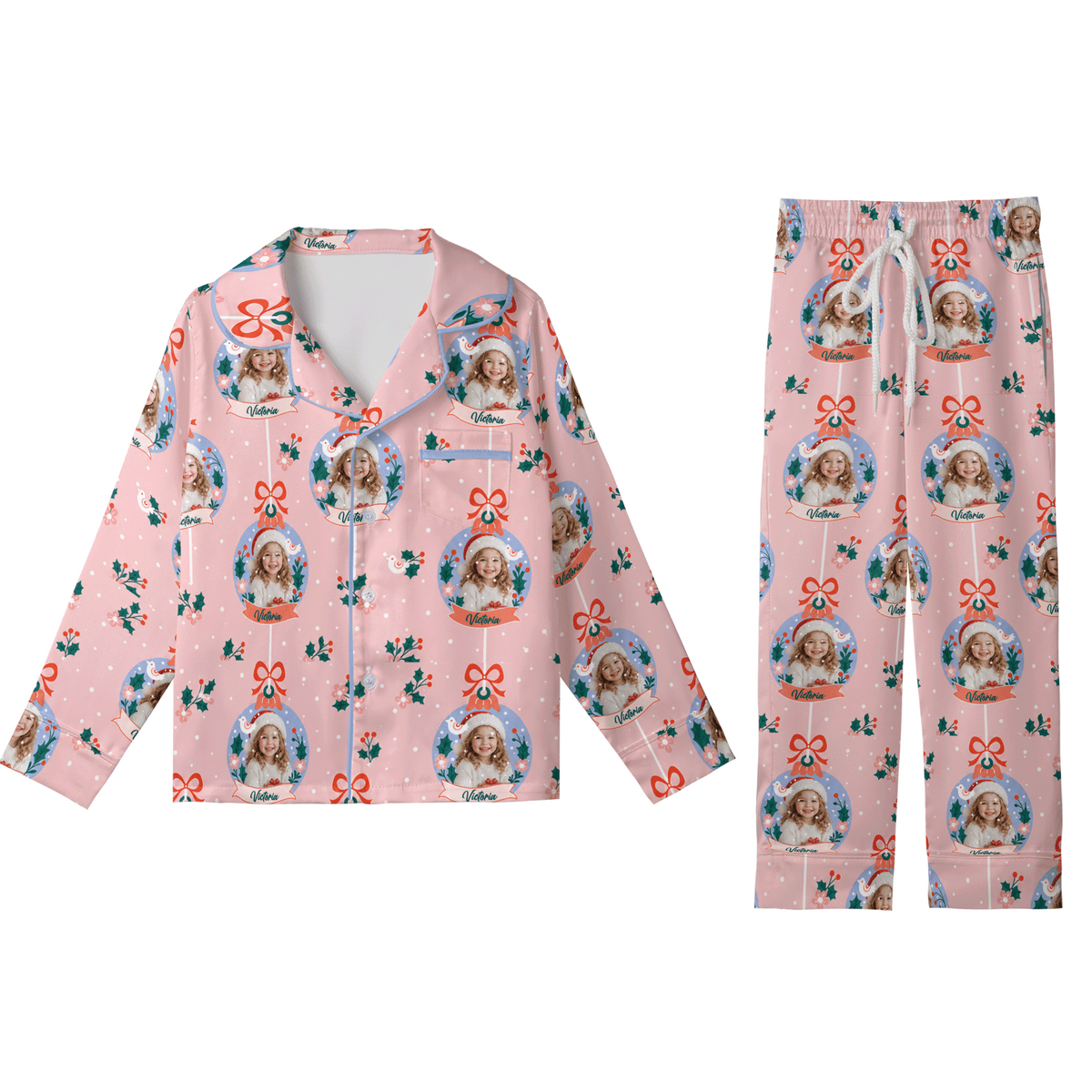 Custom face photo and name ornament banner kid Christmas pajamas set with button up top and pants