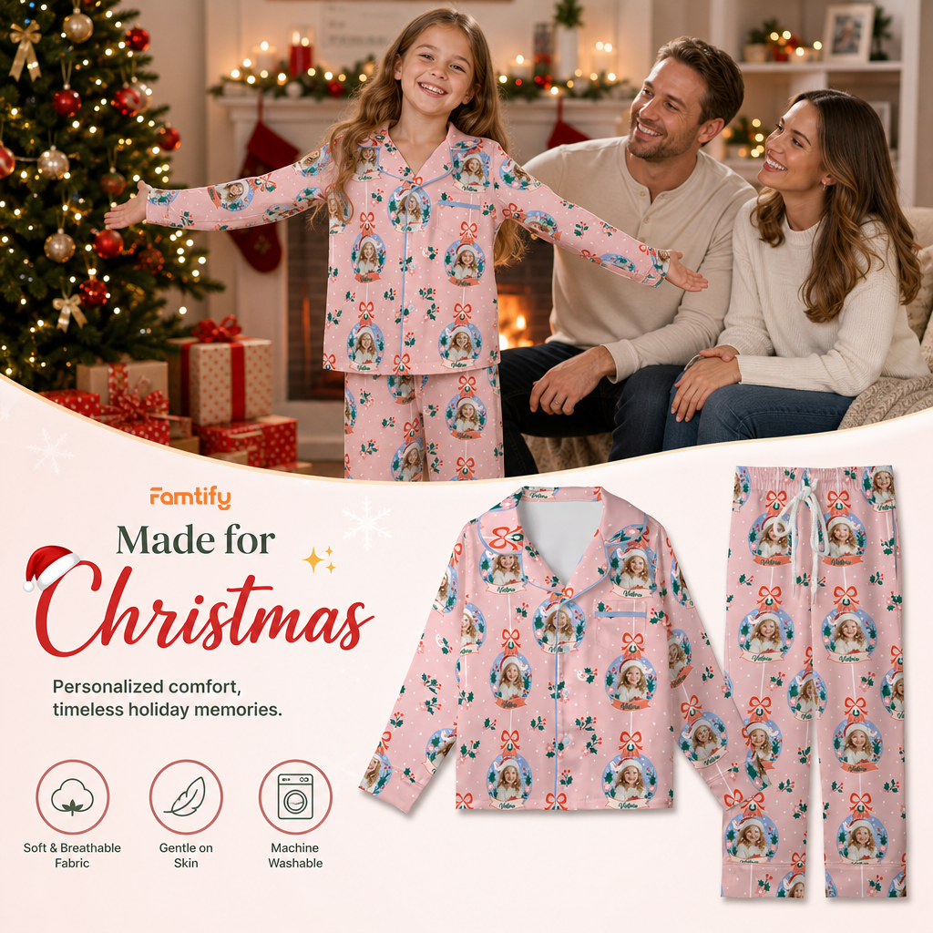 Custom face photo and name ornament banner kid pajamas view 2