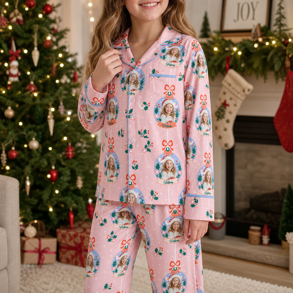 Custom face photo and name ornament banner kid pajamas view 3