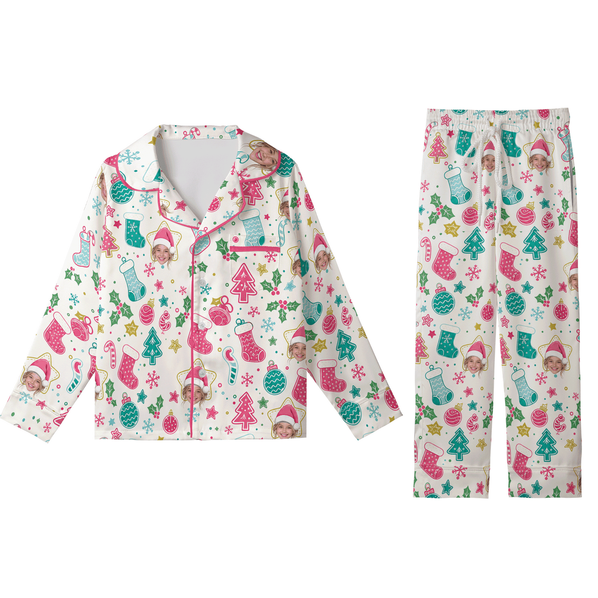 Custom face photo pastel stocking star kid Christmas pajamas set with button up top and pants