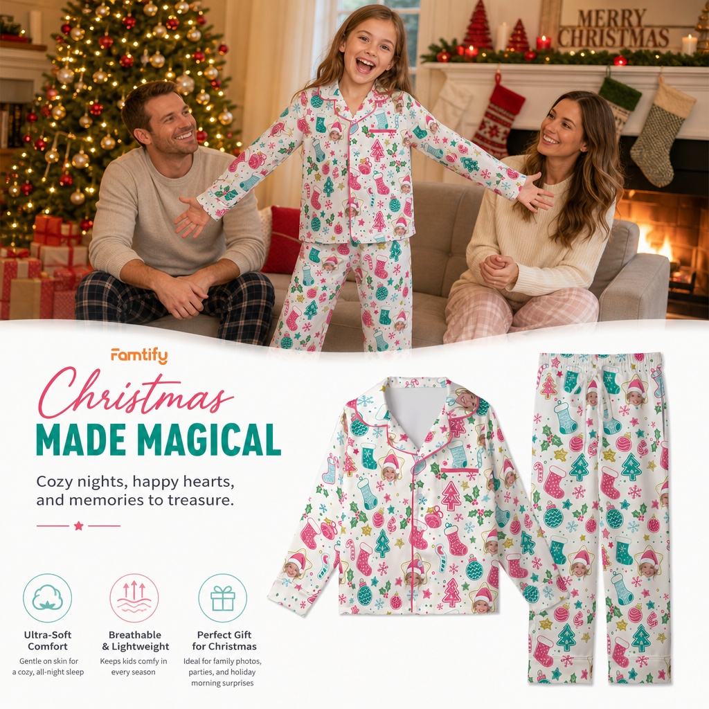 Custom face photo pastel stocking kid Christmas pajamas view 2