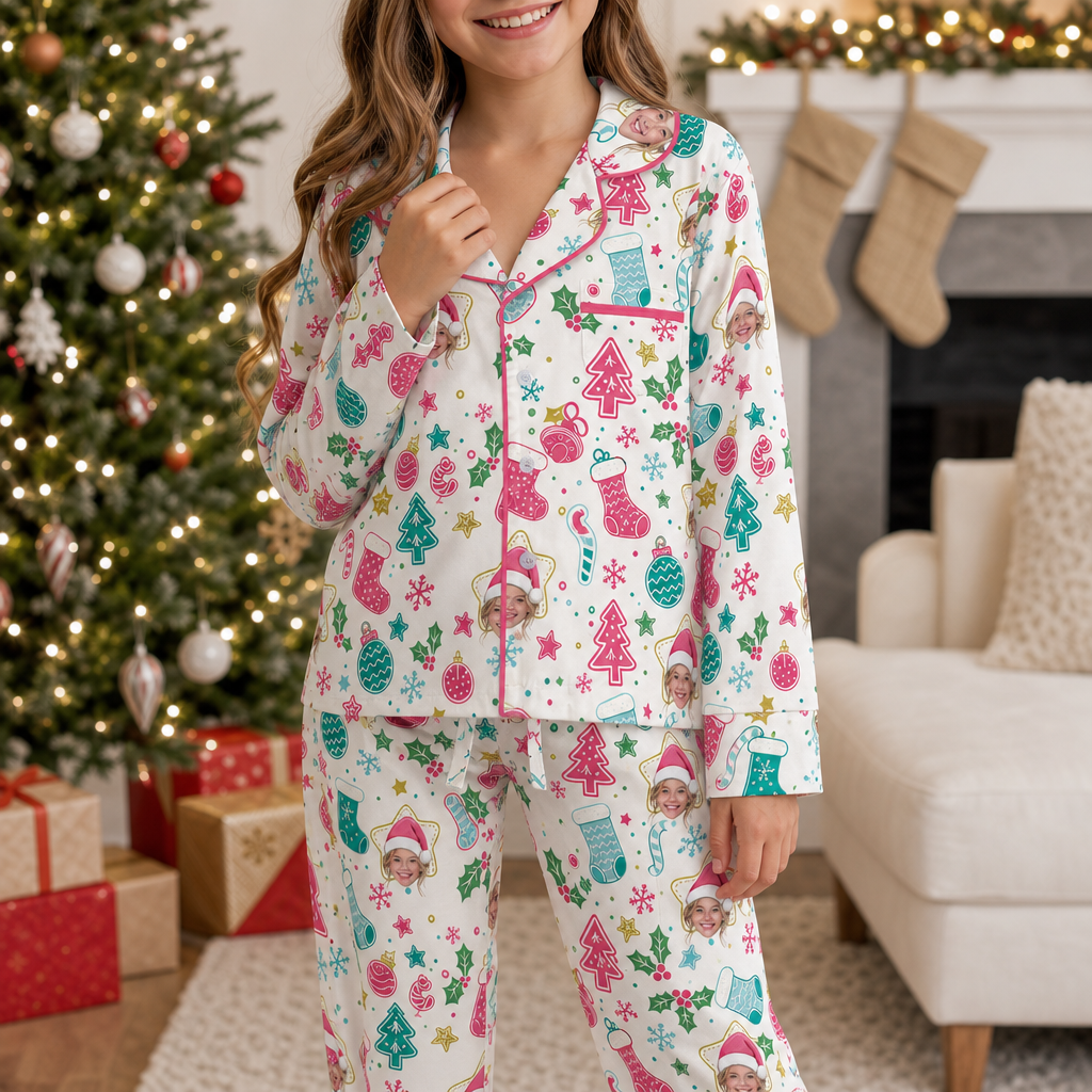 Custom face photo pastel stocking kid Christmas pajamas view 3
