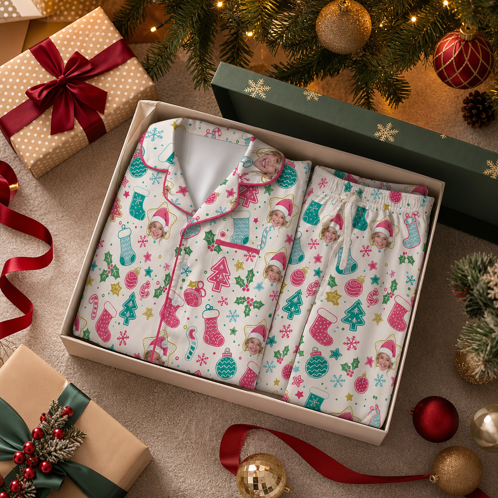 Custom face photo pastel stocking kid Christmas pajamas view 4