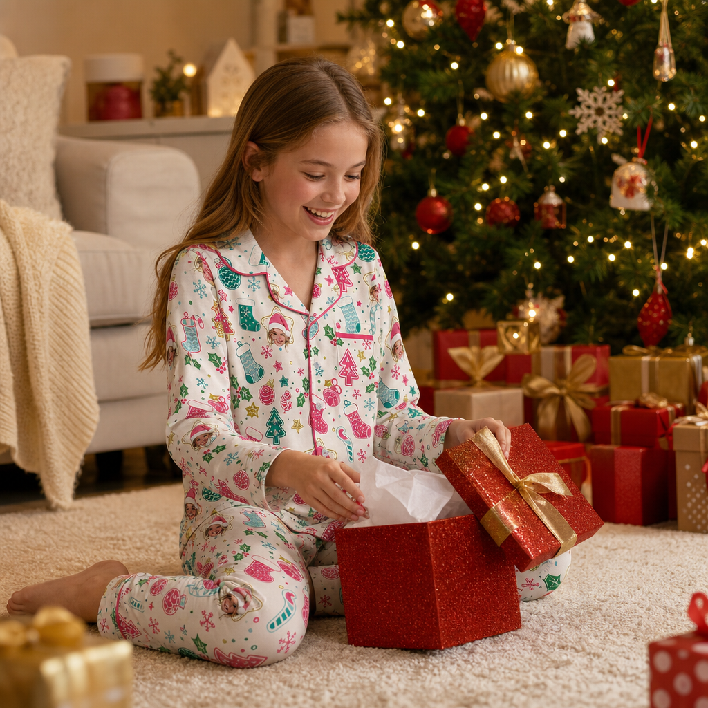 Custom face photo pastel stocking kid Christmas pajamas view 6
