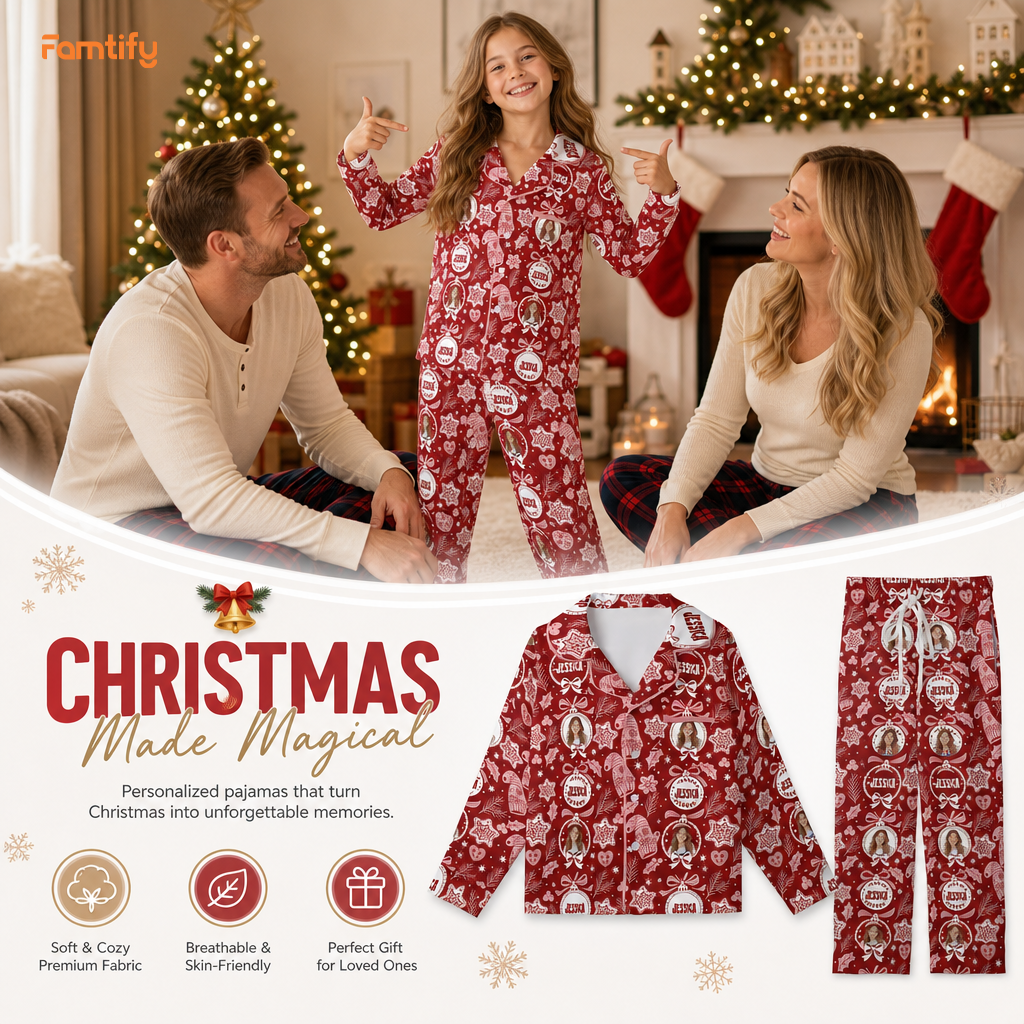 Custom face photo and name folk ornament kid pajamas view 2