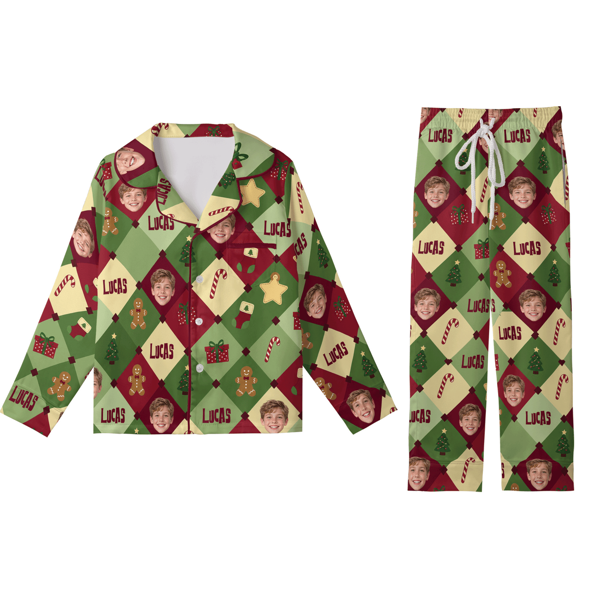Custom face photo and name harlequin gingerbread kid Christmas pajamas set with button up top and pants