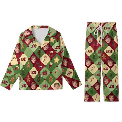 Custom face photo and name harlequin gingerbread kid Christmas pajamas set with button up top and pants