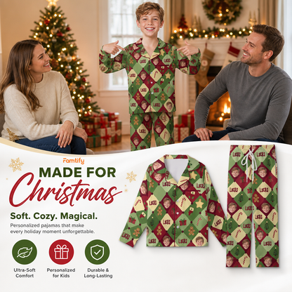 Custom face photo and name harlequin kid Christmas pajamas view 2