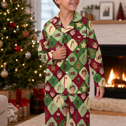 Custom face photo and name harlequin kid Christmas pajamas view 3