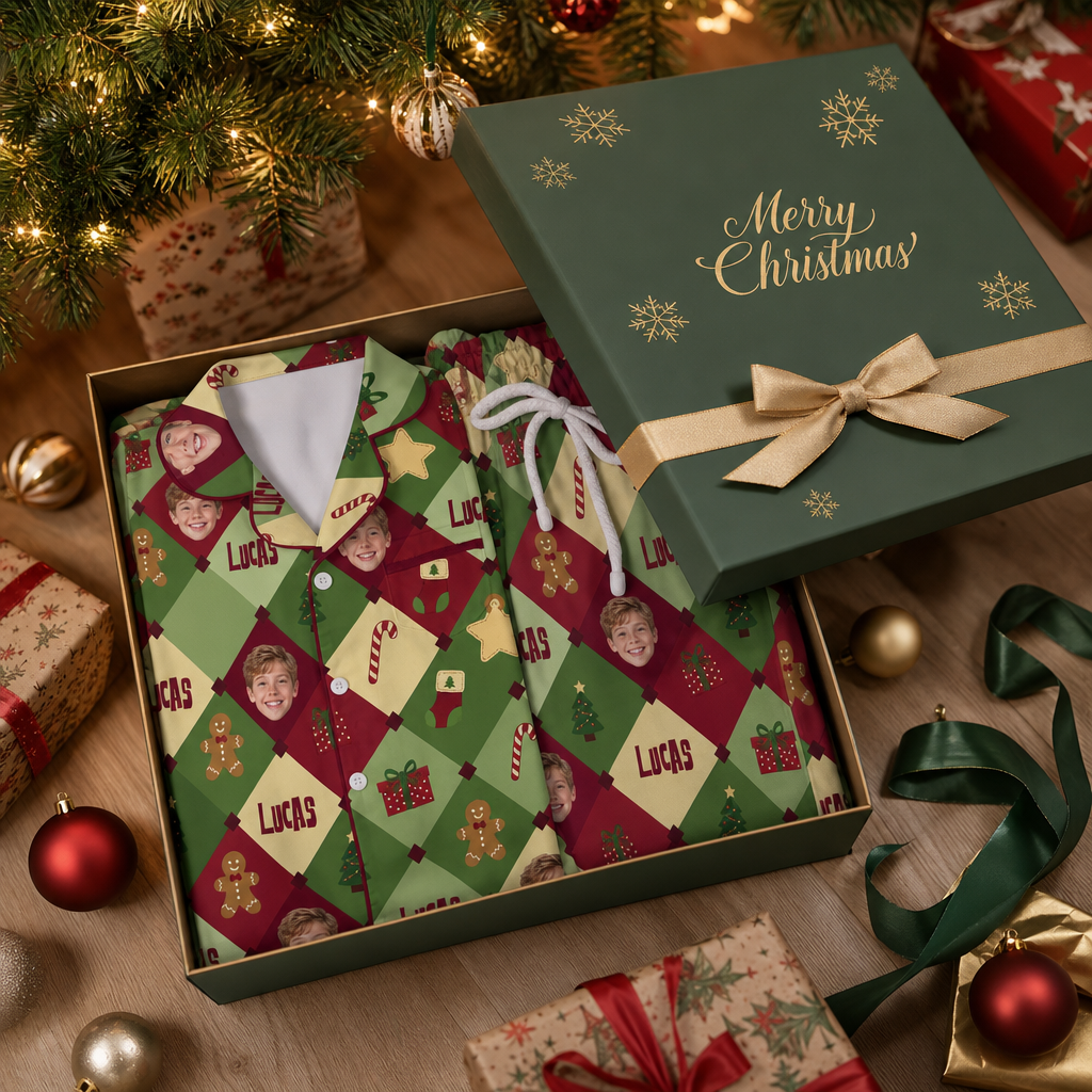 Custom face photo and name harlequin kid Christmas pajamas view 5