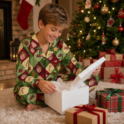 Custom face photo and name harlequin kid Christmas pajamas view 7