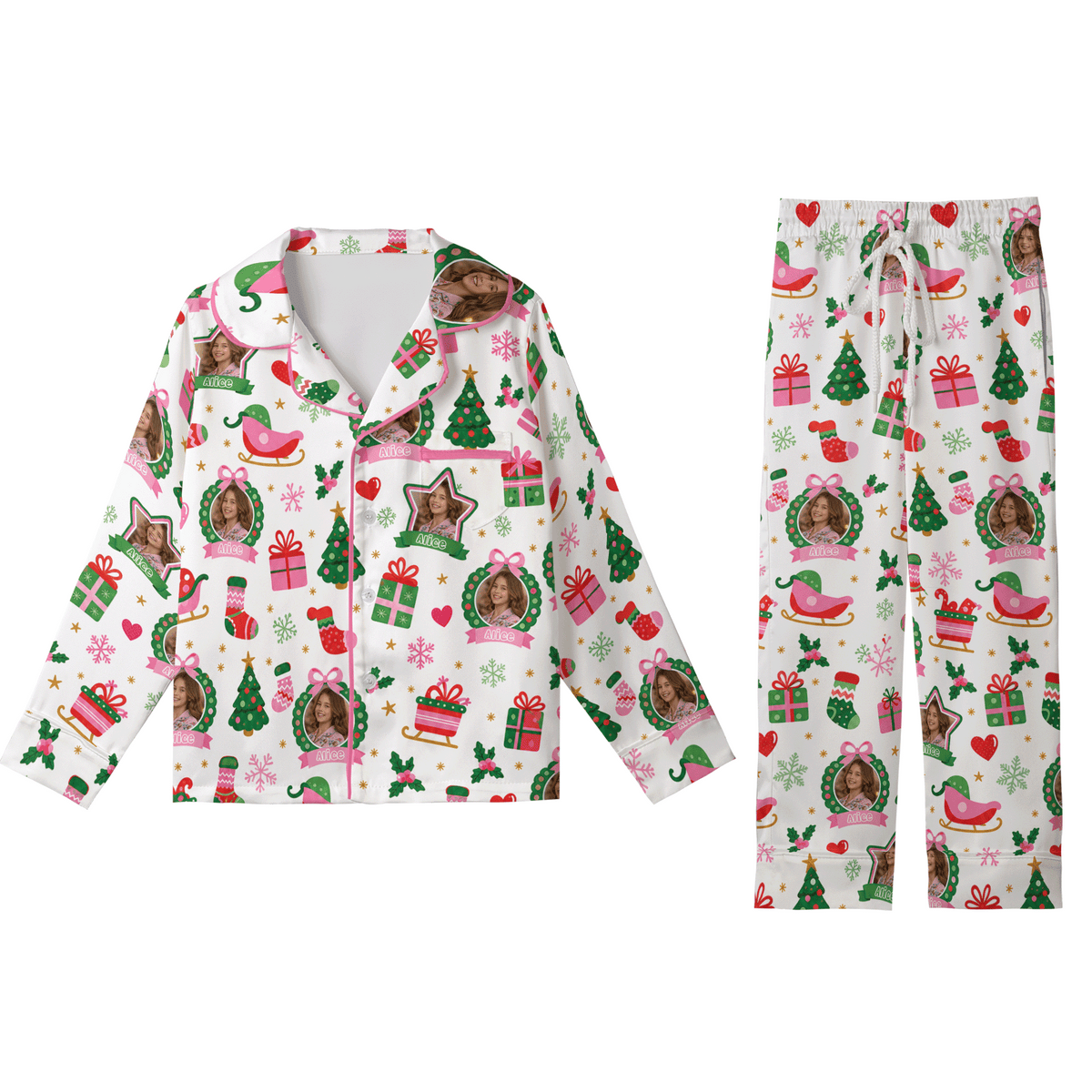 Custom face photo and name wreath sleigh kid Christmas pajamas set with button up top and pants