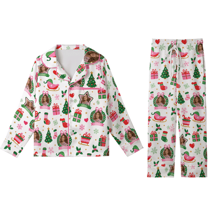 Custom face photo and name wreath sleigh kid Christmas pajamas set with button up top and pants