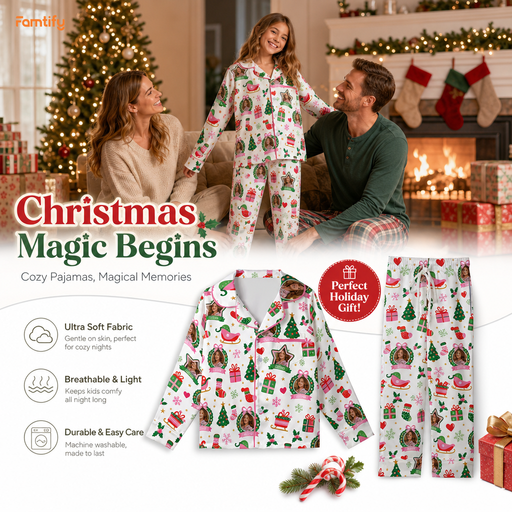 Custom face photo and name wreath sleigh kid pajamas view 2