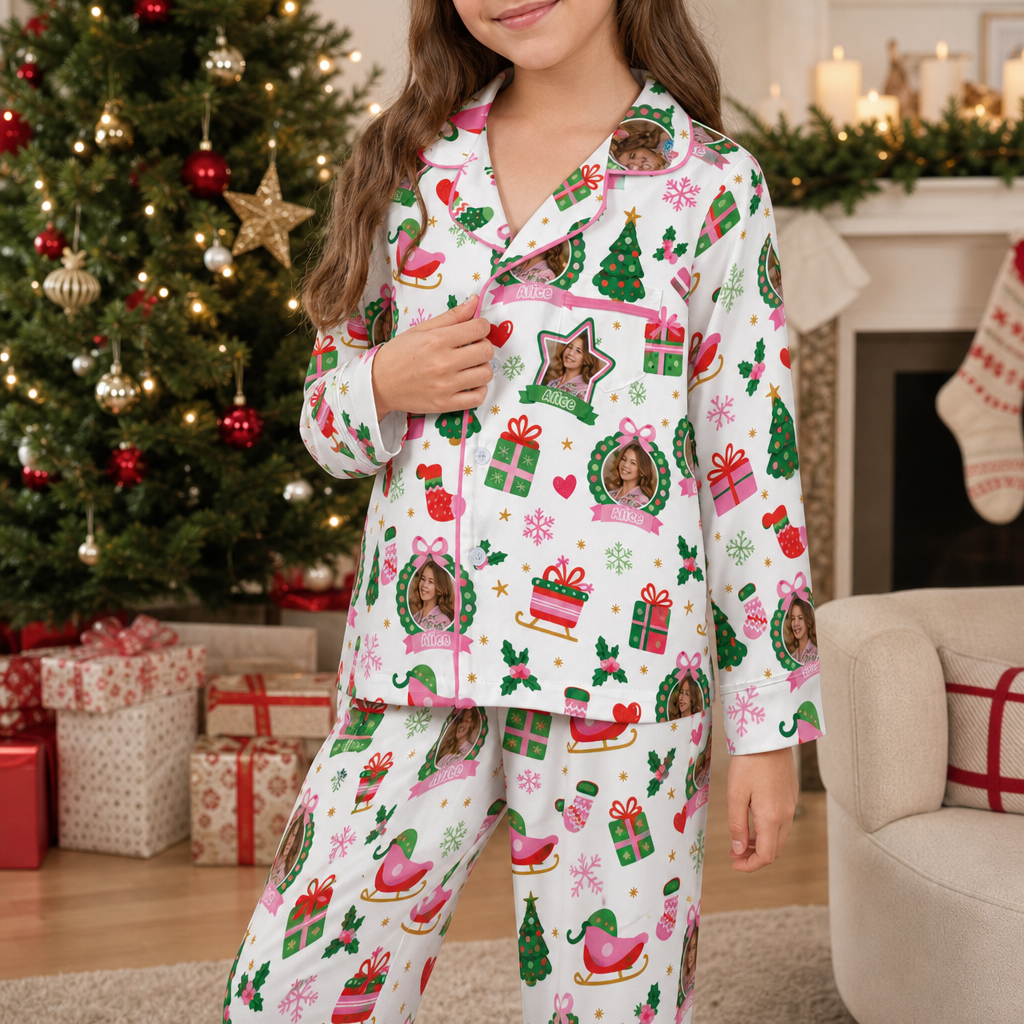 Custom face photo and name wreath sleigh kid pajamas view 3