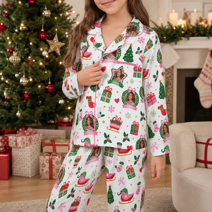 Custom face photo and name wreath sleigh kid pajamas view 3