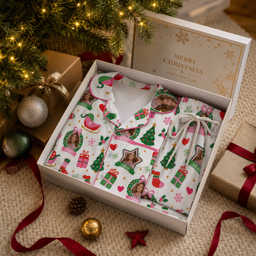 Custom face photo and name wreath sleigh kid pajamas view 4