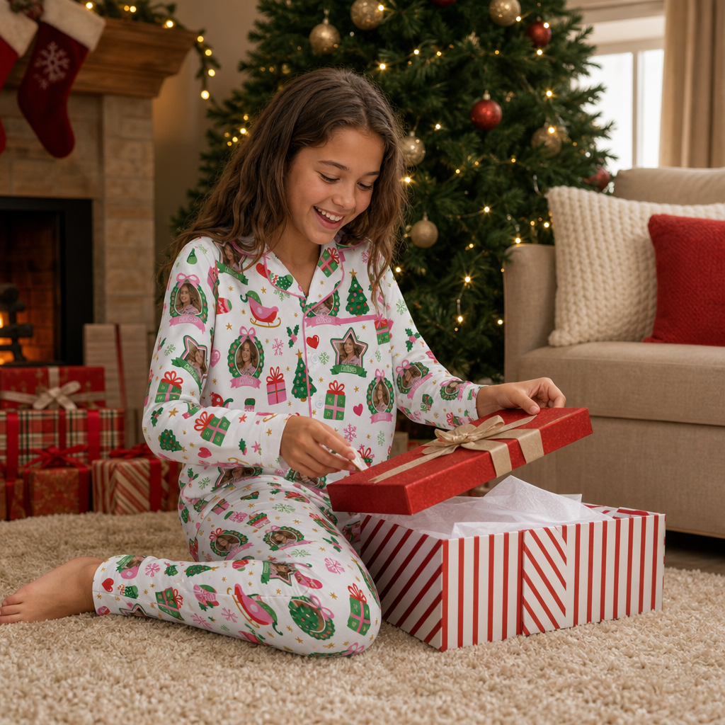 Custom face photo and name wreath sleigh kid pajamas view 6