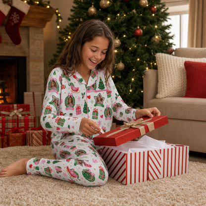 Custom face photo and name wreath sleigh kid pajamas view 6