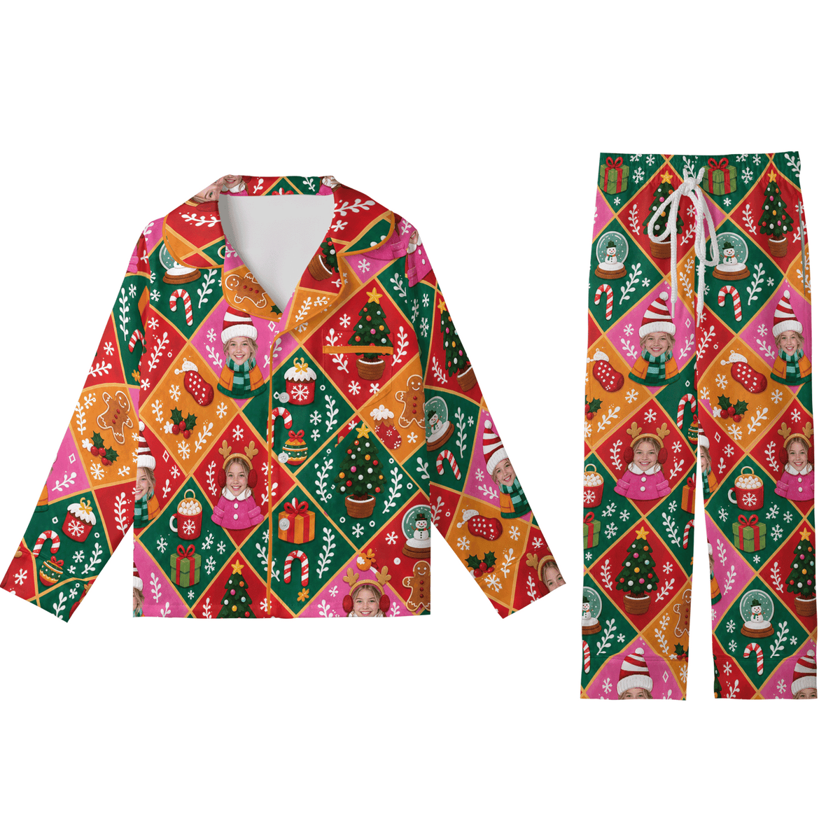 Custom face photo patchwork diamond kid Christmas pajamas set with button up top and pants