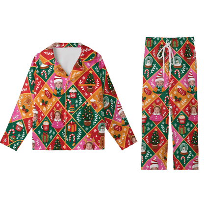 Custom face photo patchwork diamond kid Christmas pajamas set with button up top and pants