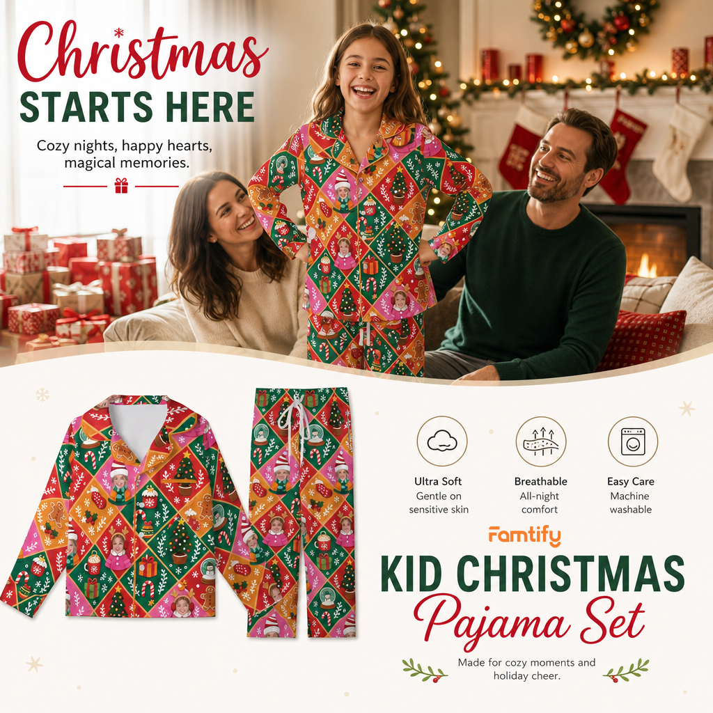 Custom face photo patchwork kid Christmas pajamas view 2