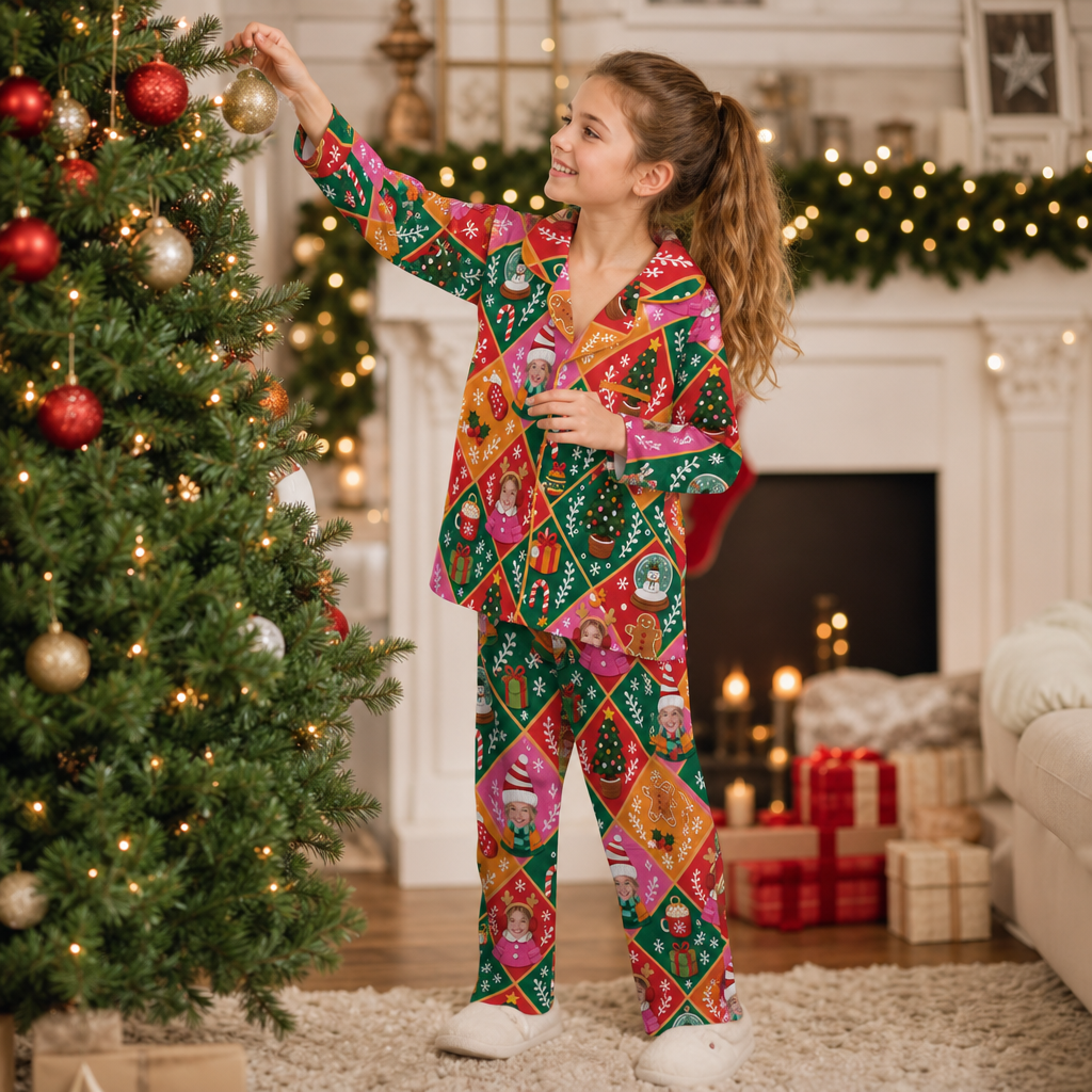 Custom face photo patchwork kid Christmas pajamas view 5