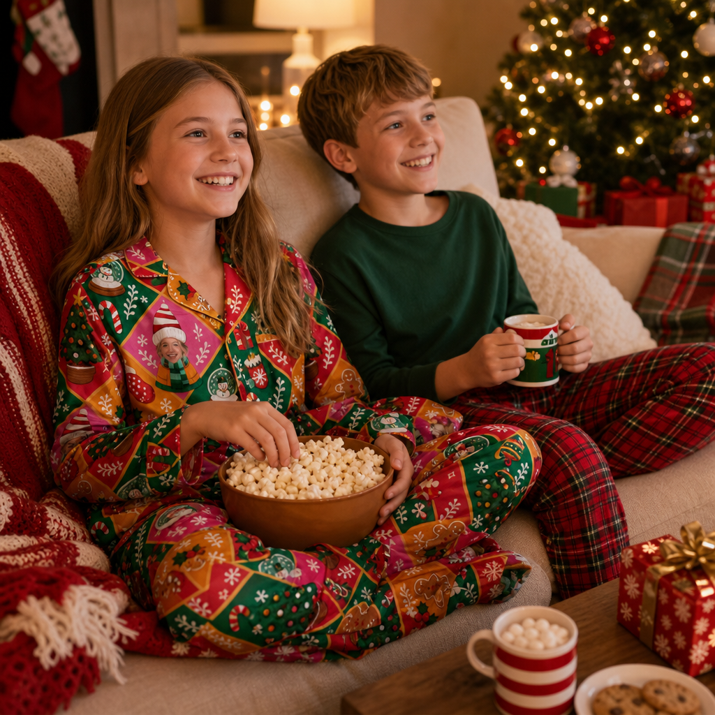 Custom face photo patchwork kid Christmas pajamas view 8