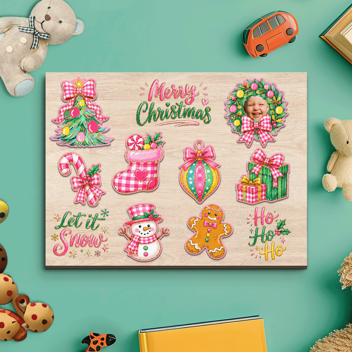 Personalized Christmas photo wreath large wooden puzzle board with gingham tree, stocking and snowman pieces
