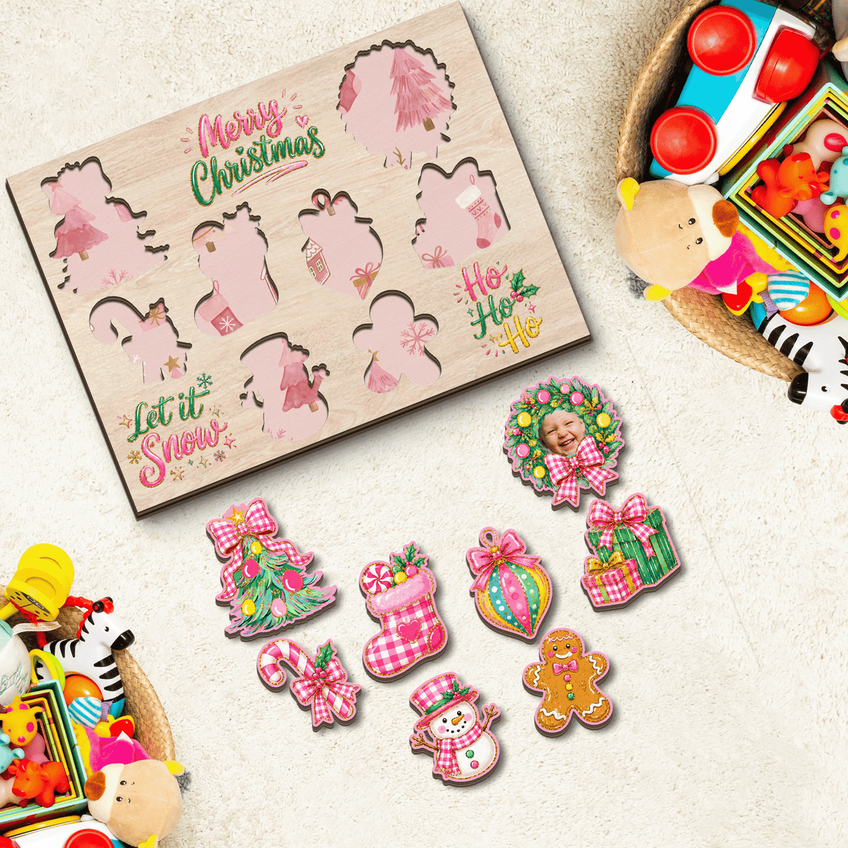 Personalized Christmas photo wreath wooden puzzle board with pieces removed showing patterned slots