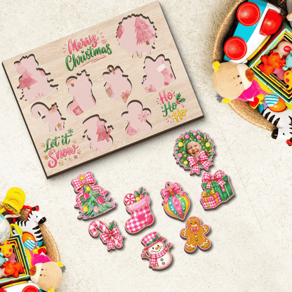 Personalized Christmas photo wreath wooden puzzle board with pieces removed showing patterned slots