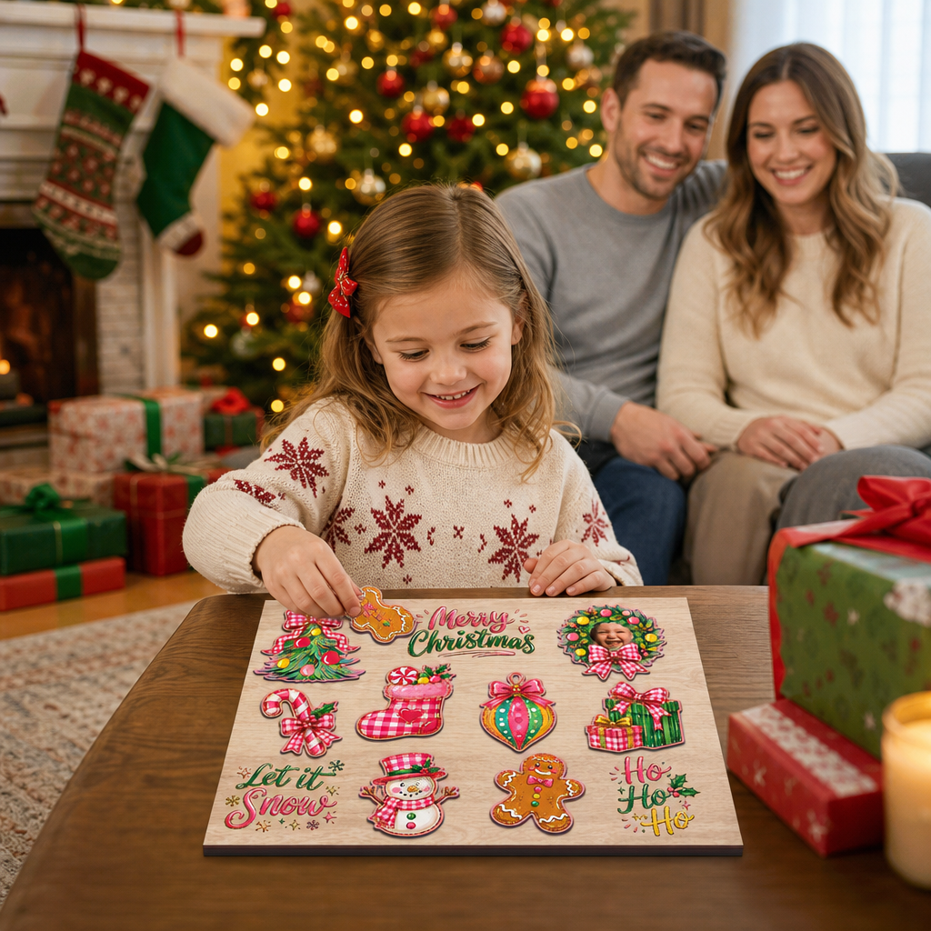 Personalized Christmas photo wreath large wooden puzzle board for kids