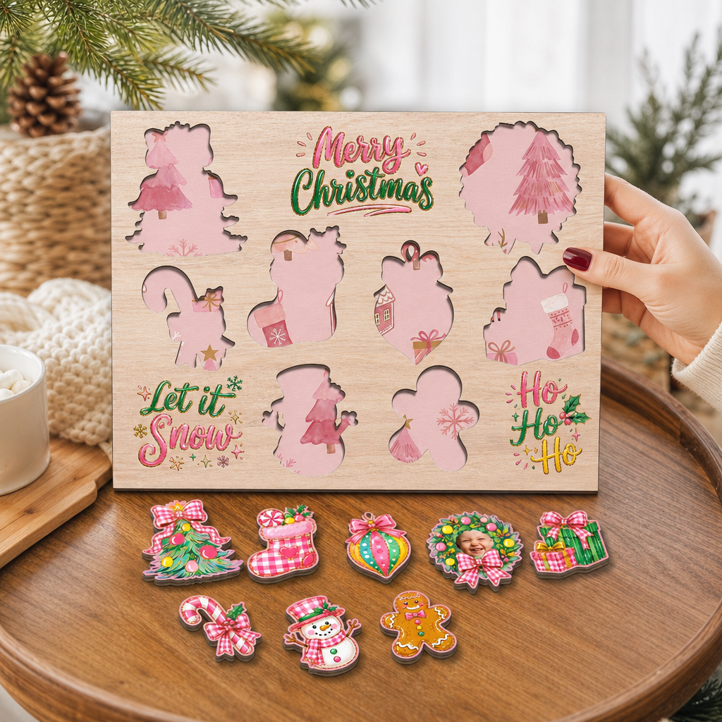 Personalized Christmas photo wreath large wooden puzzle board for kids