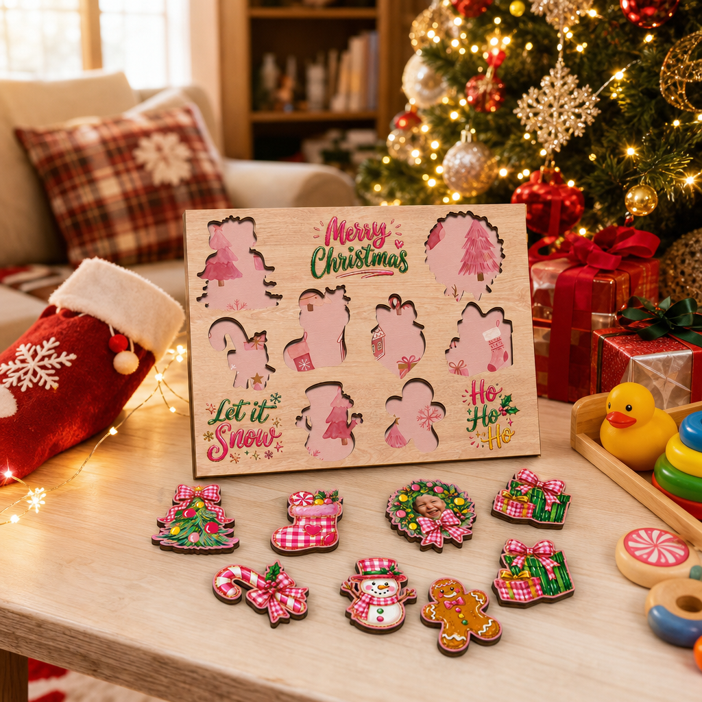 Personalized Christmas photo wreath large wooden puzzle board for kids