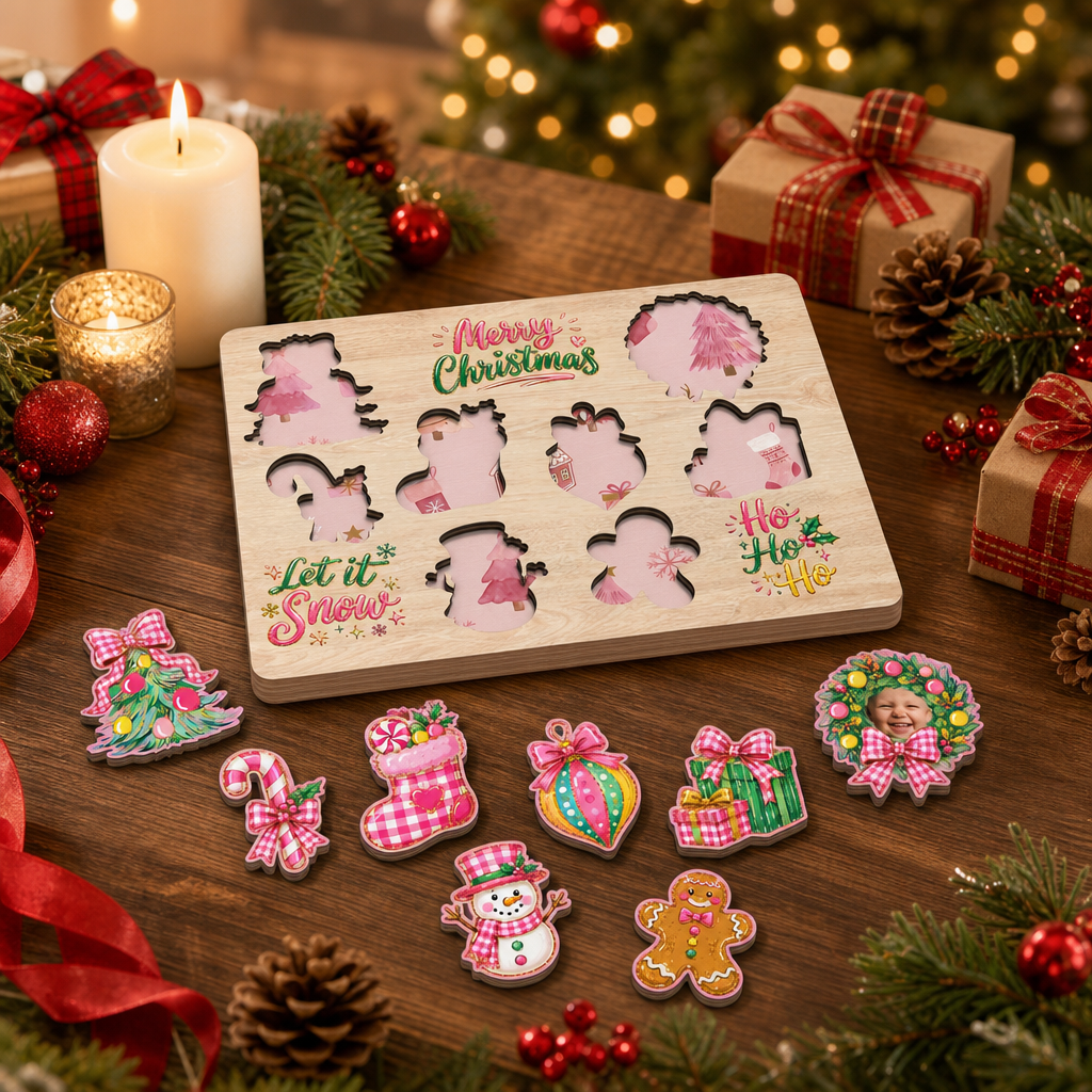 Personalized Christmas photo wreath large wooden puzzle board for kids