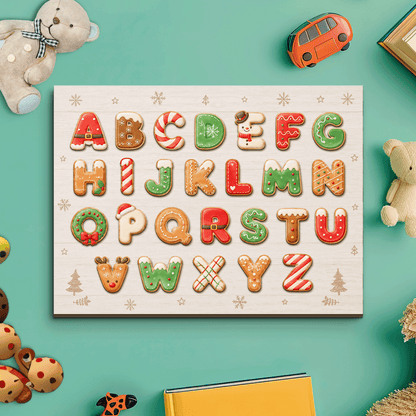 Christmas cookie alphabet large wooden puzzle board with A to Z letter pieces