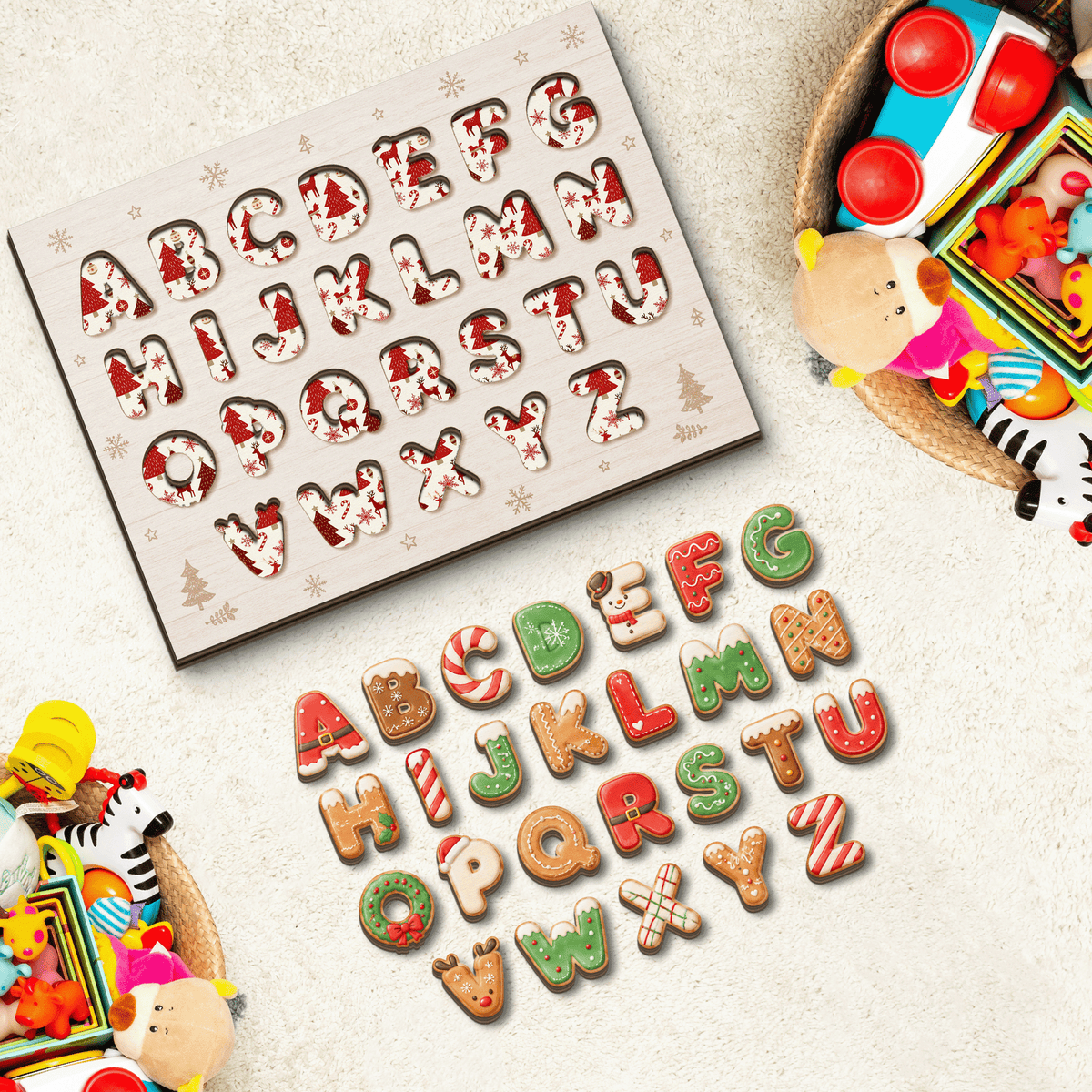 Christmas cookie alphabet wooden puzzle board with letter pieces removed showing patterned slots