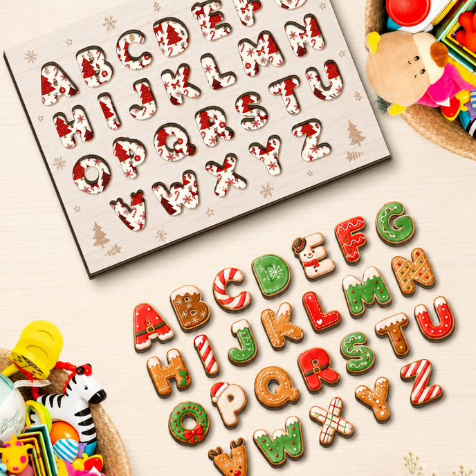 Christmas cookie alphabet large wooden puzzle board for kids
