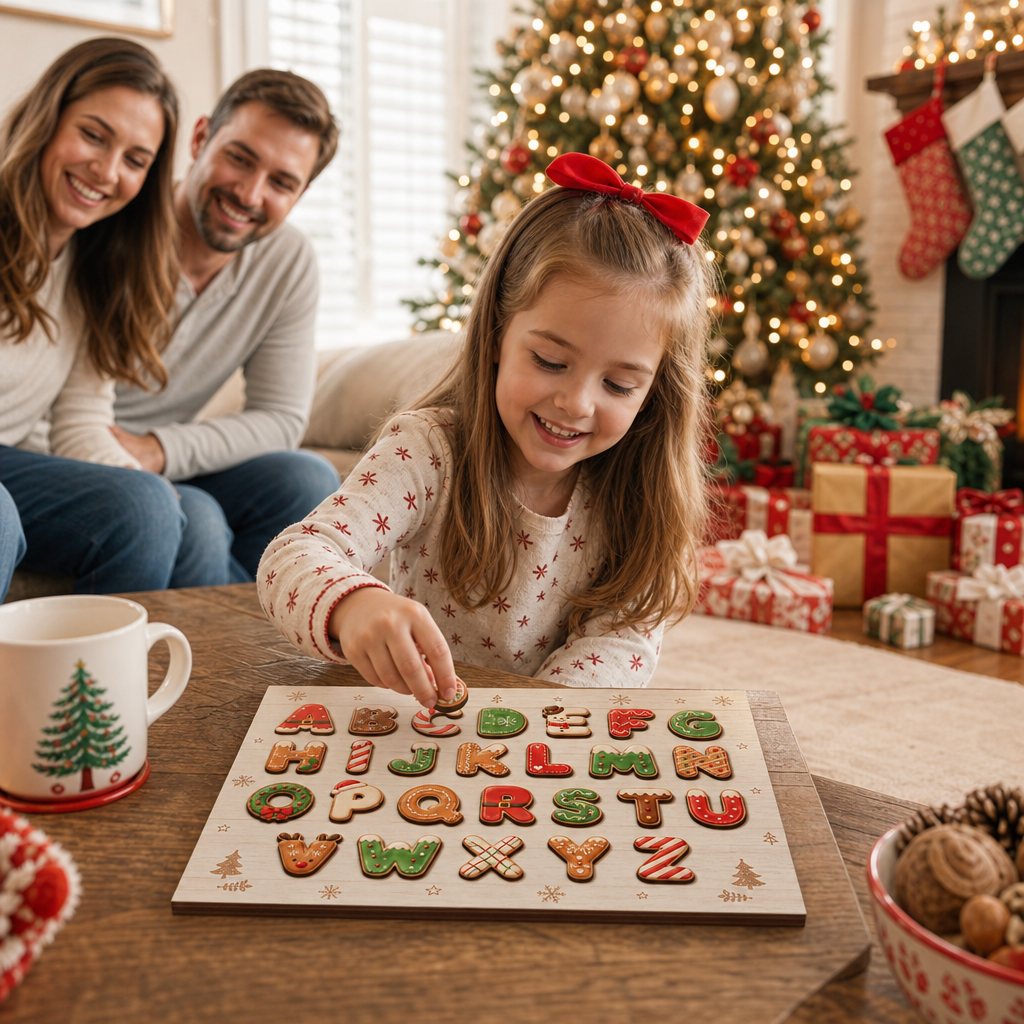 Christmas cookie alphabet large wooden puzzle board for kids