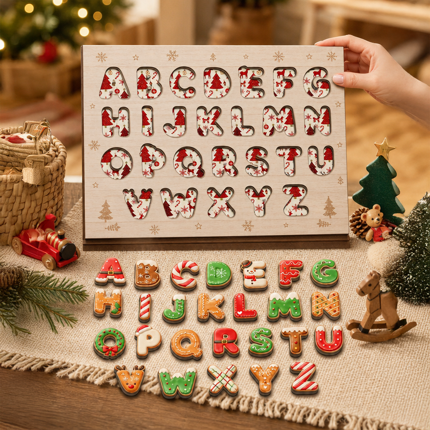 Christmas cookie alphabet large wooden puzzle board for kids