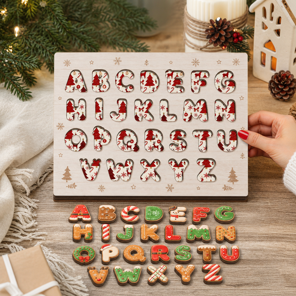 Christmas cookie alphabet large wooden puzzle board for kids