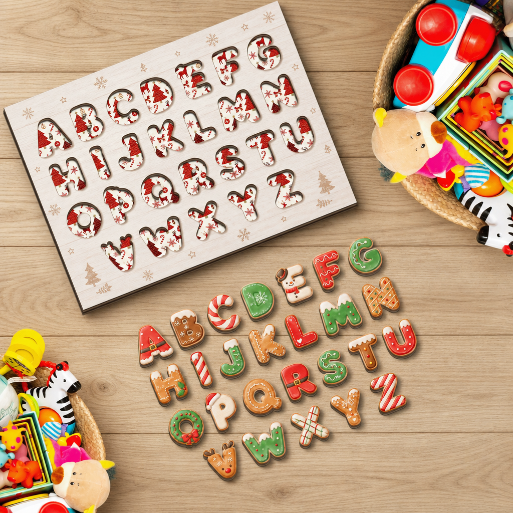 Christmas cookie alphabet large wooden puzzle board for kids